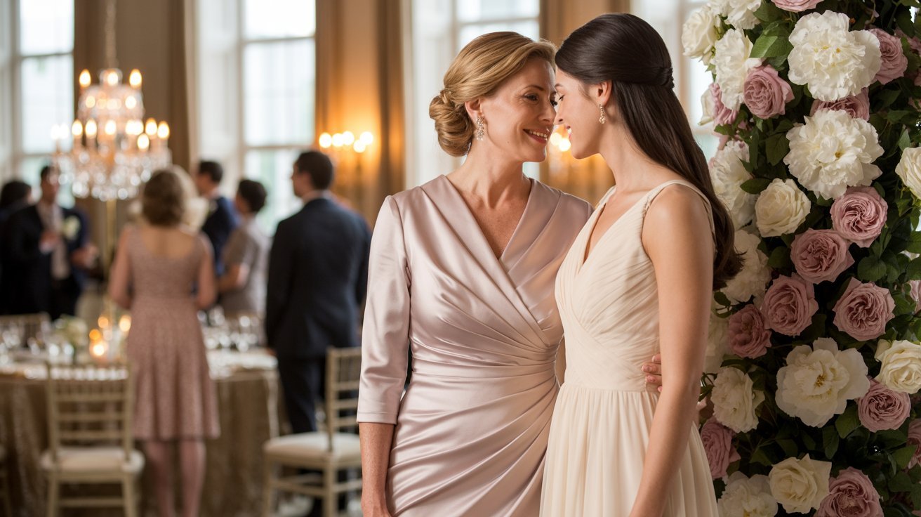 Elegant women in formal dresses share a tender moment beside a flower arch at a wedding reception. Soft lighting creates a warm and joyful atmosphere.
