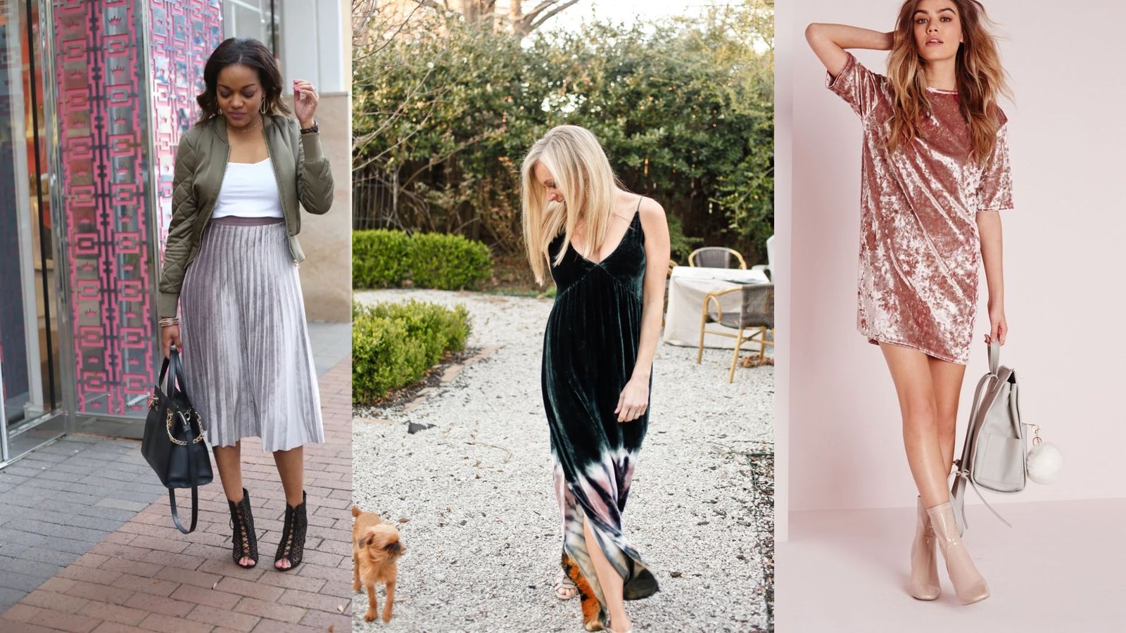 Three women showcase stylish outfits: left in a casual jacket and pleated skirt, center in a flowing tie-dye dress, right in a velvet dress and boots.