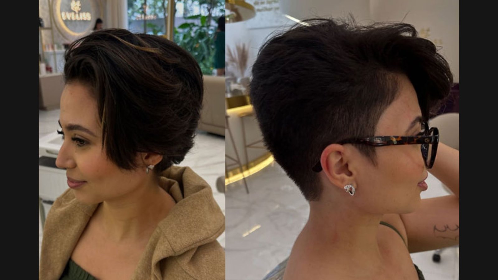 Split image showing a brunette undercut transformation in a salon.