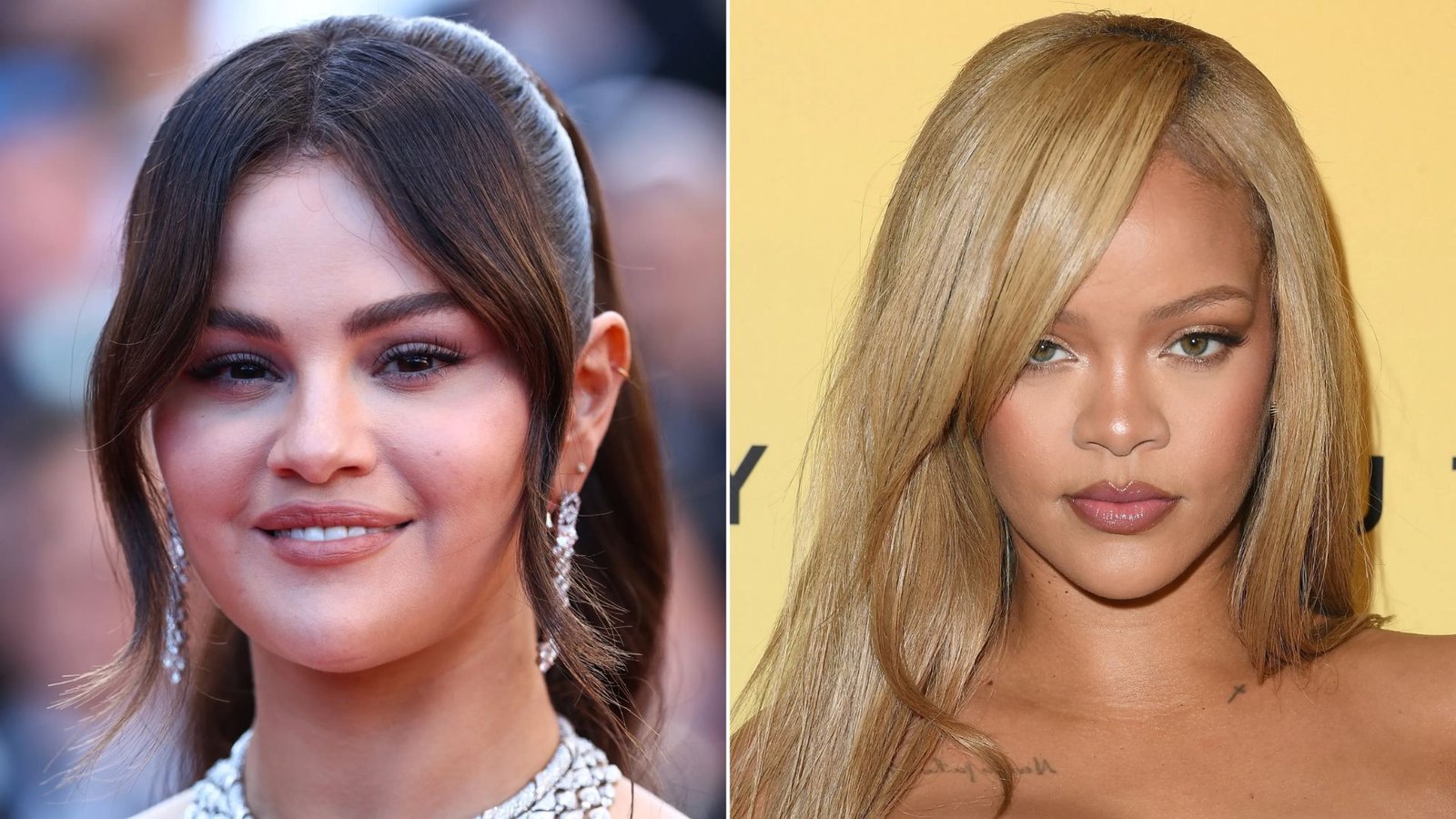 Split image of two celebrities with side-swept bang styles. Left shows face-framing curtain bangs with a ponytail, right shows long side-swept bangs on straight hair.