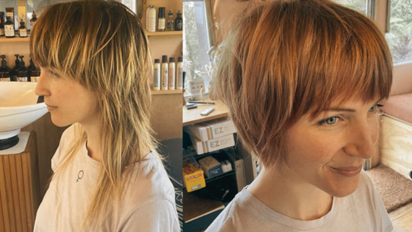 Two women in a salon showcase their Bixie Mullet hairstyles, before and after their haircuts, highlighting the transformation.