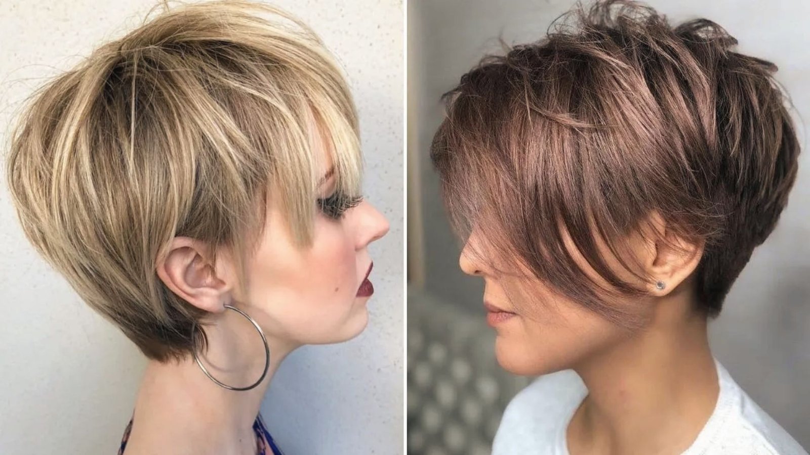 Two images of a woman with a long top shaggy pixie cut and short hair, showcasing different angles and expressions.