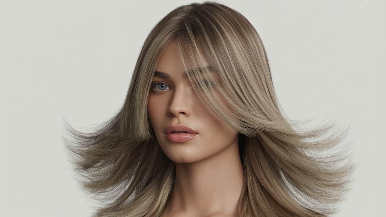 A Woman with long hair with textured end and curtained bangs