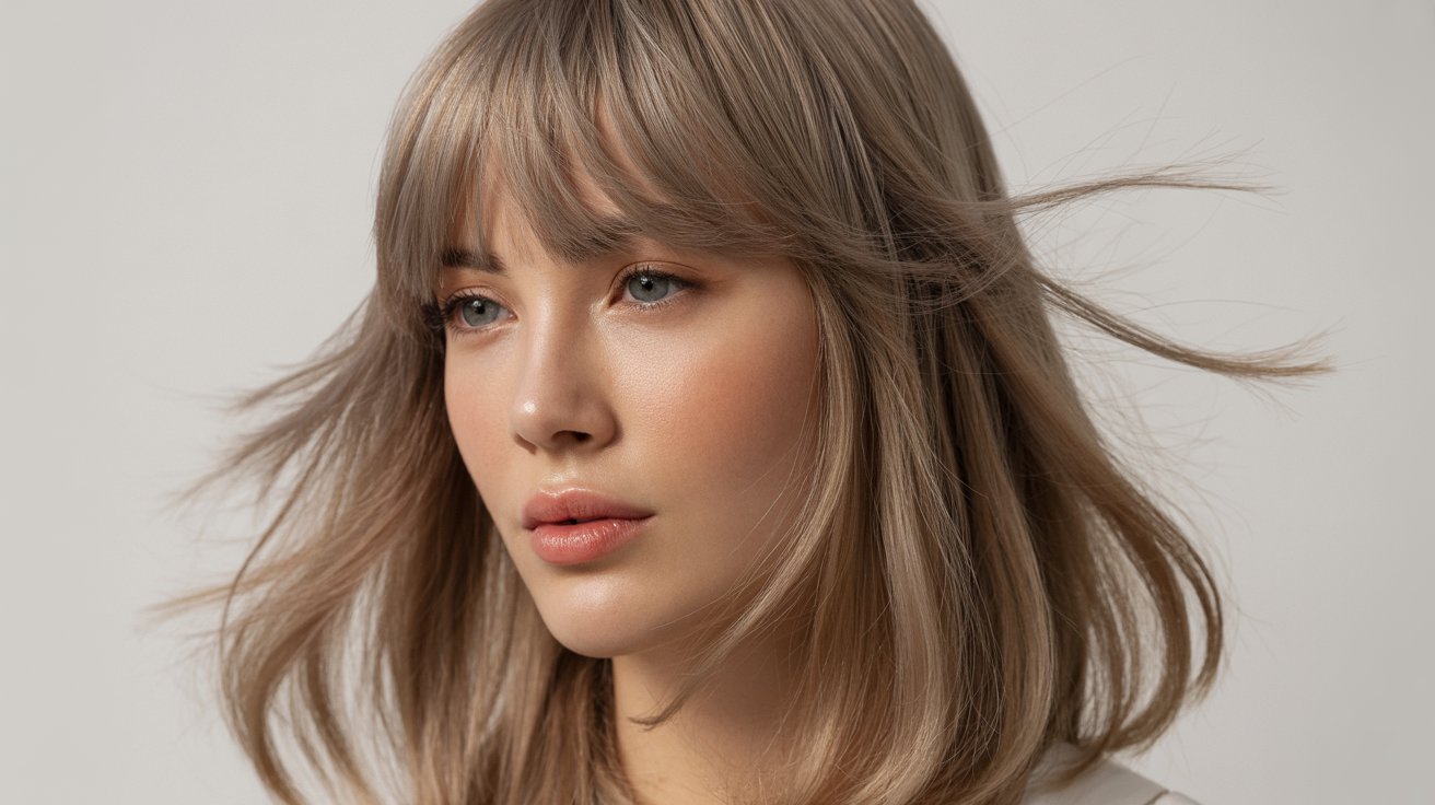 A woman with a long, wavy blonde bob hairstyle, featuring Korean see-through bangs framing her face.
