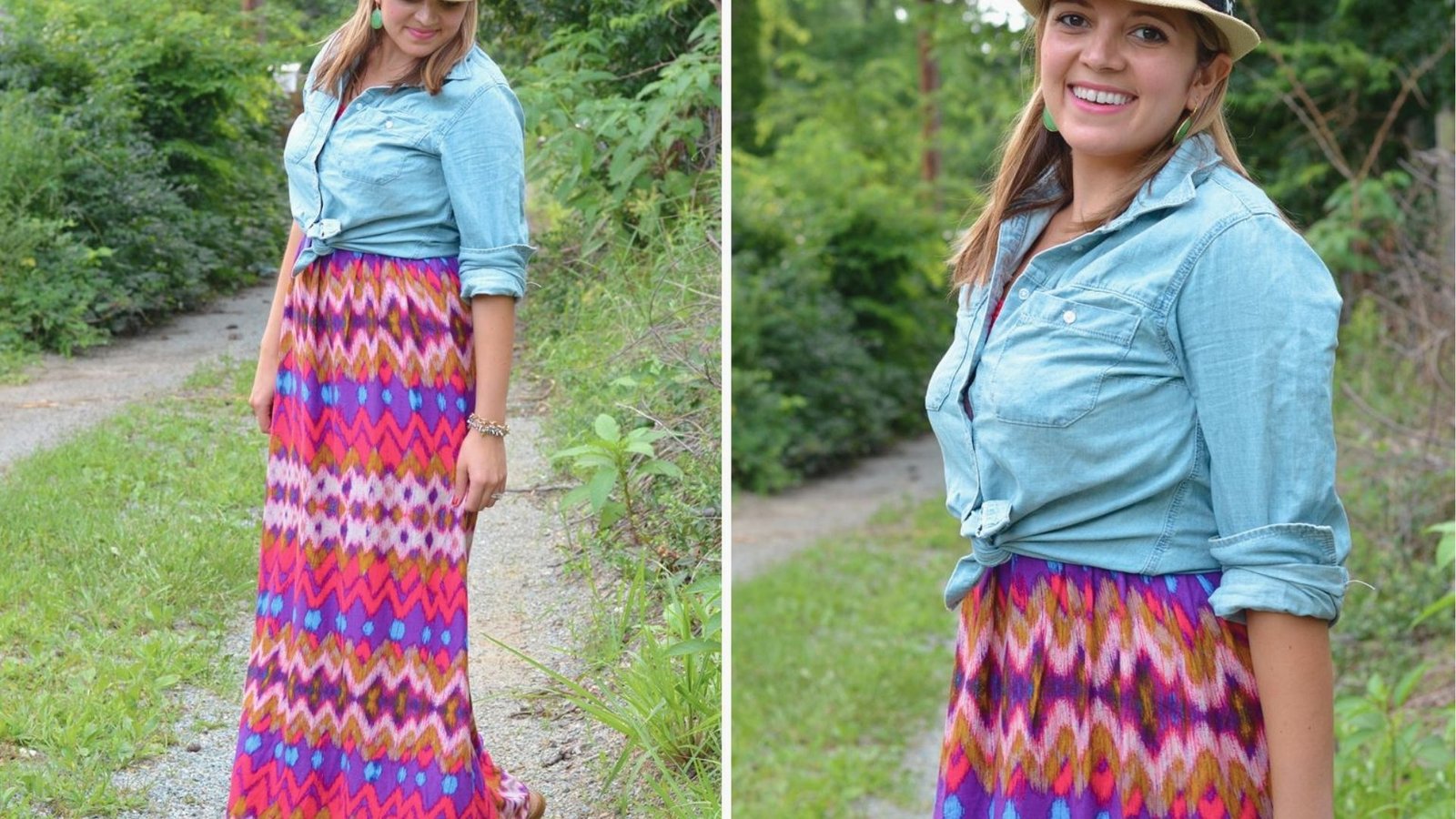 Woman in tied chambray shirt, colorful zigzag maxi skirt, and straw fedora. An effortless 90s mom outfit for casual everyday wear.