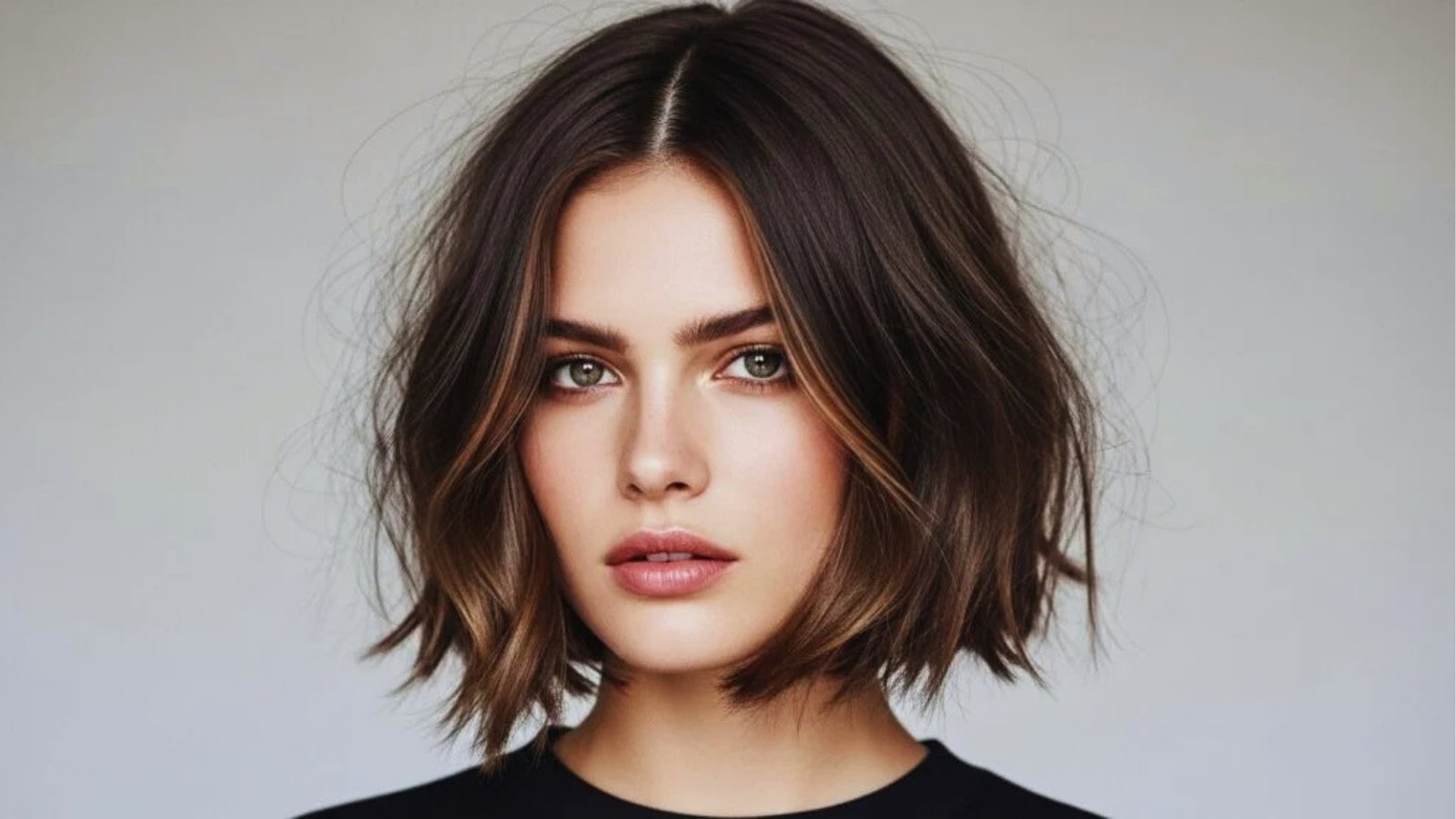 Tousled chin-length French bob without bangs on brunette hair with caramel highlights, center-parted with soft waves and piecey textured ends
