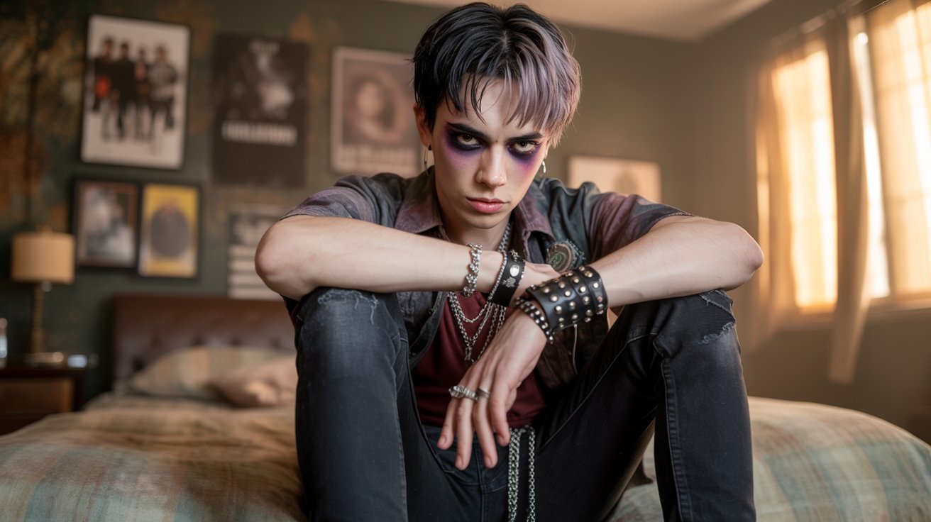 A man with purple hair, dressed in emo goth style, sits on a bed, showcasing his fashion and aesthetic.
