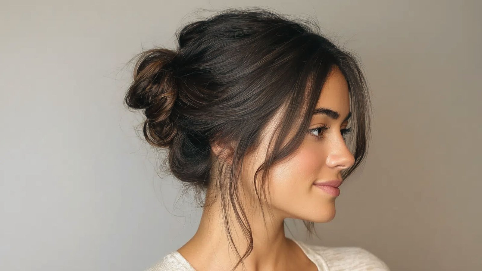 A woman with a messy bun hairstyle and face-framing bangs, showcasing a casual and relaxed look.