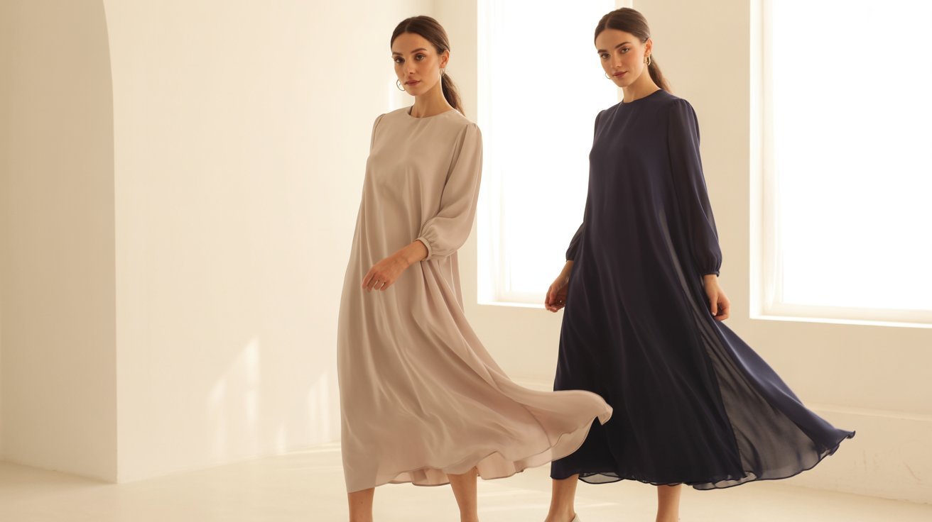 Two women in flowing dresses, one beige and the other navy, stand gracefully in a softly lit room. The dresses gently sway, conveying elegance.