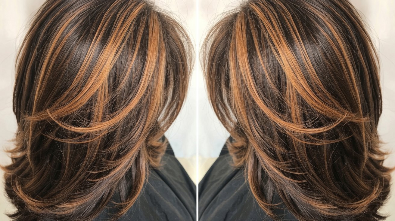Foilyage results on dark hair showing strong lift and brightness