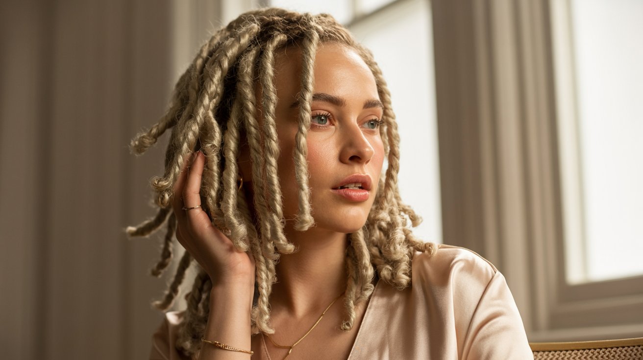 A woman with shoulder-length faux locs sits comfortably in a chair, showcasing her stylish hairstyle.