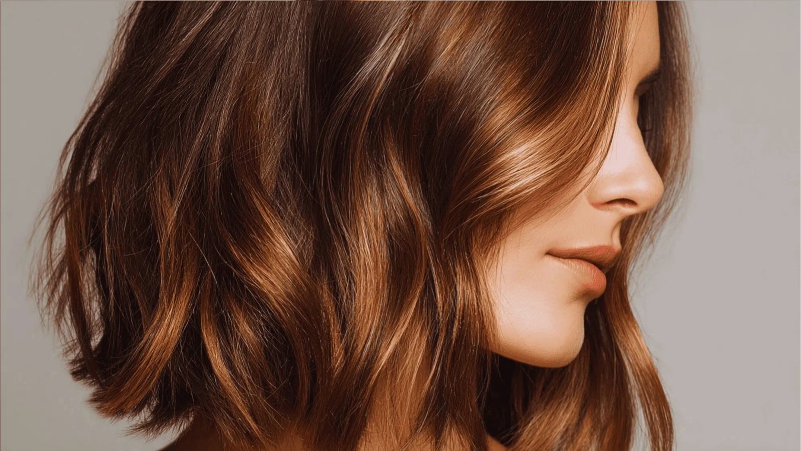 Side profile of wavy shoulder length haircut with soft layers and caramel highlights on warm brown hair