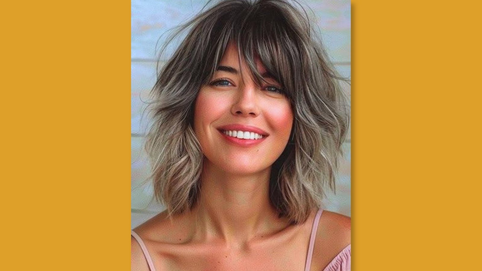 Low maintenance layered medium length shag with choppy wispy bangs and textured waves on smoky blonde balayage hair for round face
