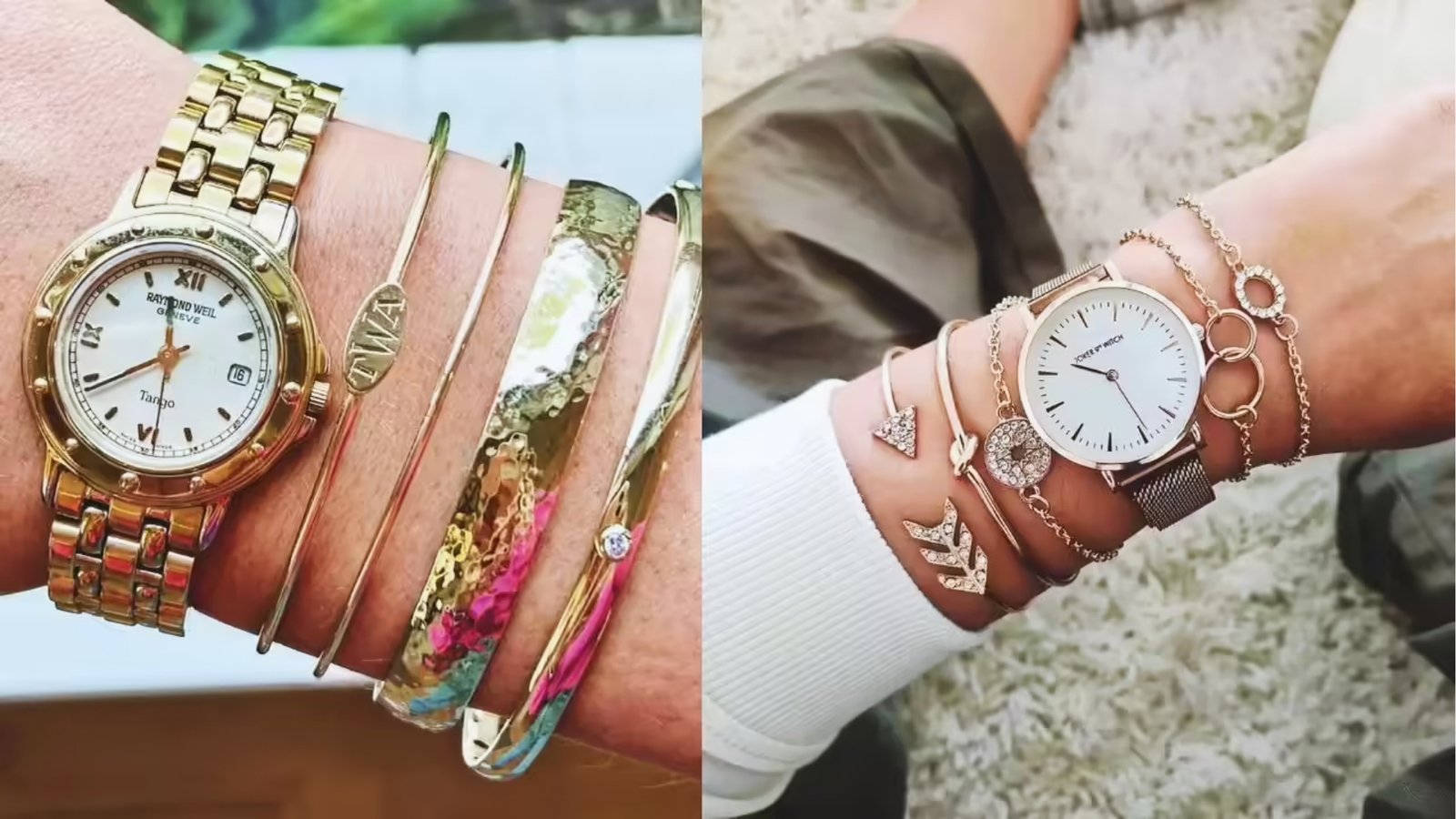 Two wrists adorned with watches and bracelets. The left wrist has a gold watch and various metal bangles, while the right features a silver watch and chain bracelets.