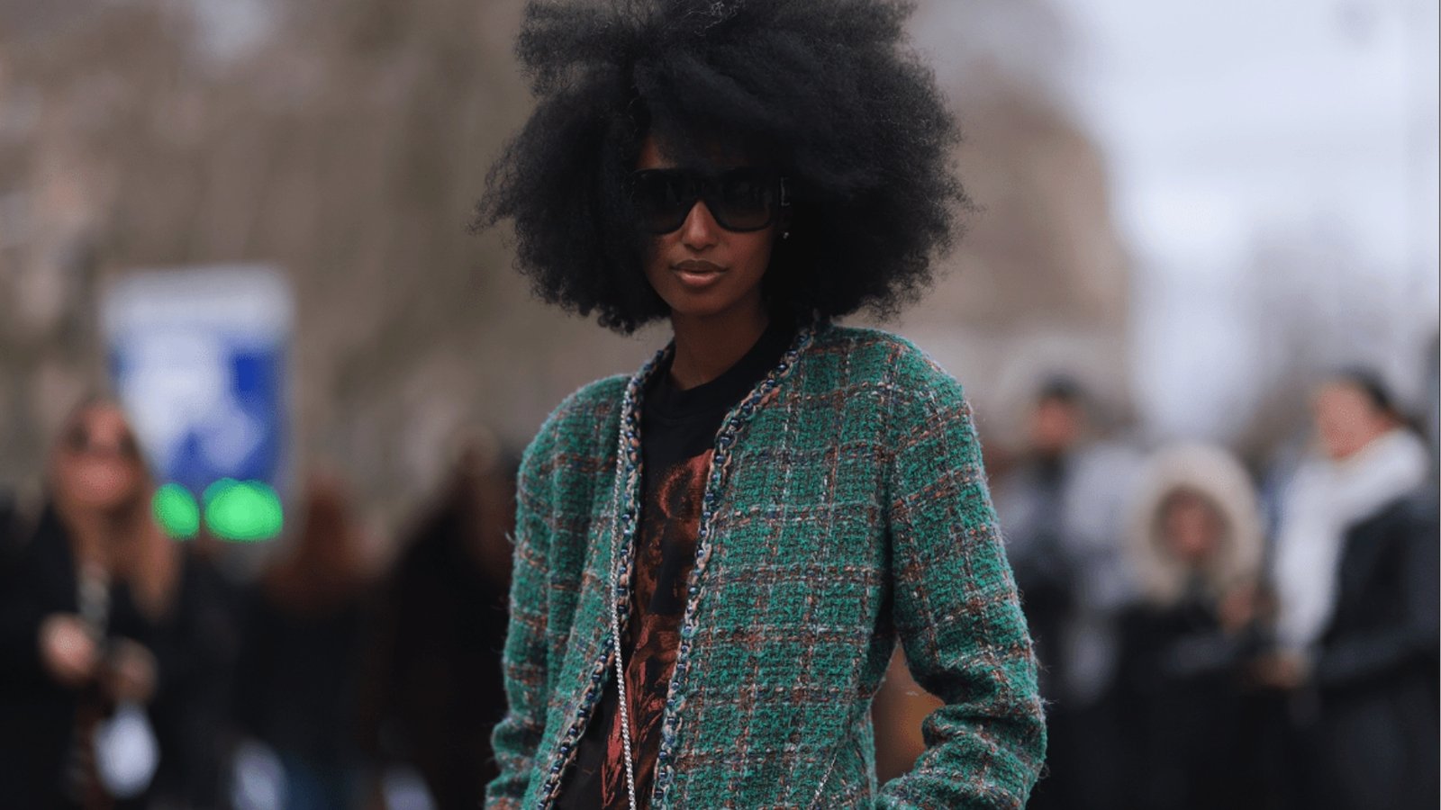 A person with an afro hairstyle and sunglasses wears a green tweed jacket, exuding confidence. The background is blurred, with people and trees.