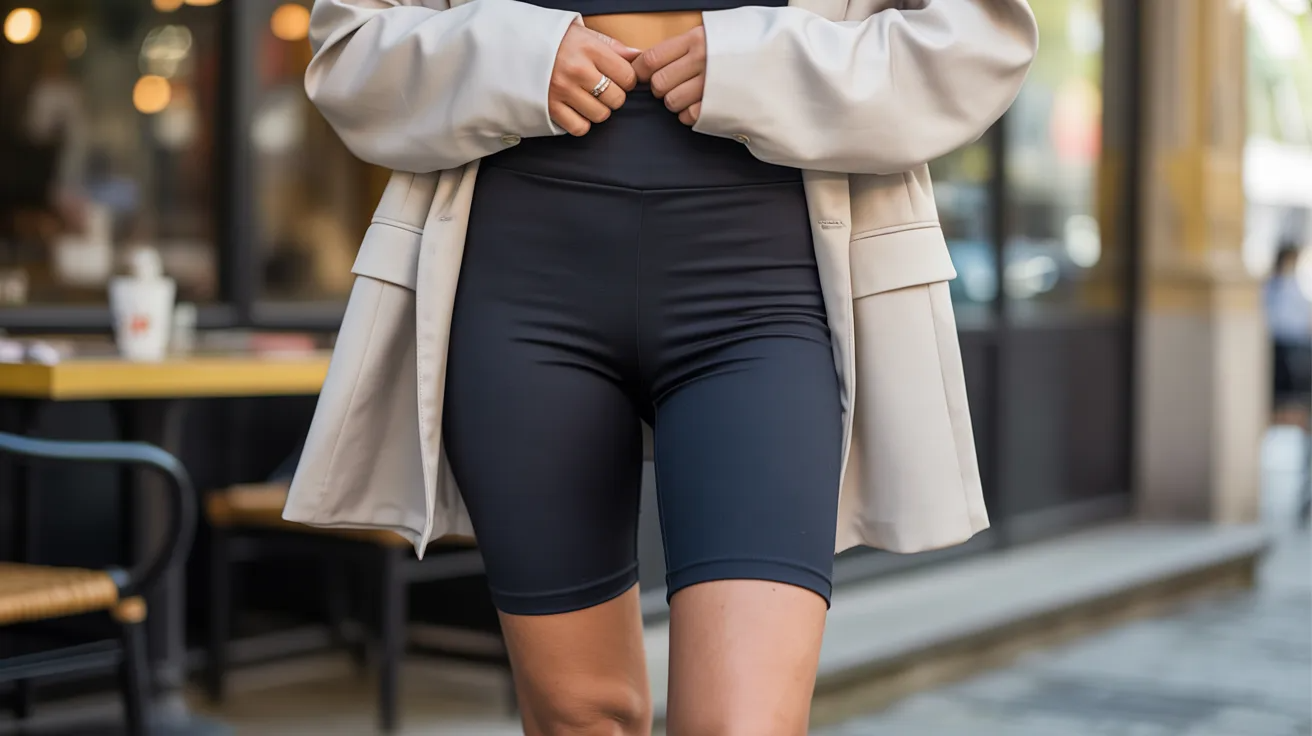 Woman wearing biker shorts shown in lower-body fashion view highlighting sleek stretch fit, trendy athleisure style, and modern streetwear look.

