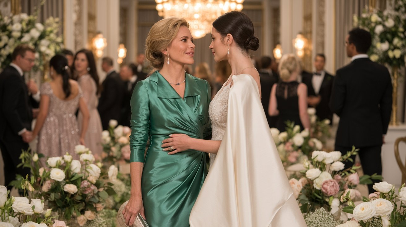 Two elegantly dressed women stand in a lavish room with chandeliers and floral arrangements. They gaze at each other warmly, conveying a sense of affection.