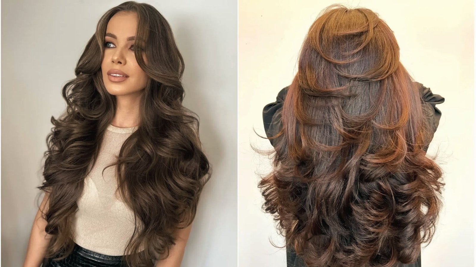 Two images of a woman with long, 90s-influenced butterfly cut hair, showcasing different angles and styles.