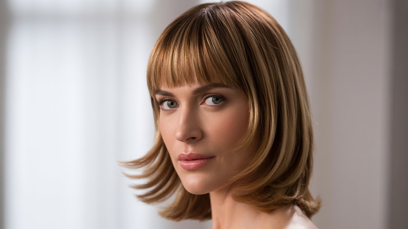 A woman with a short bob haircut, showcasing stylish bottleneck bangs, featured in a hairstyle guide.
