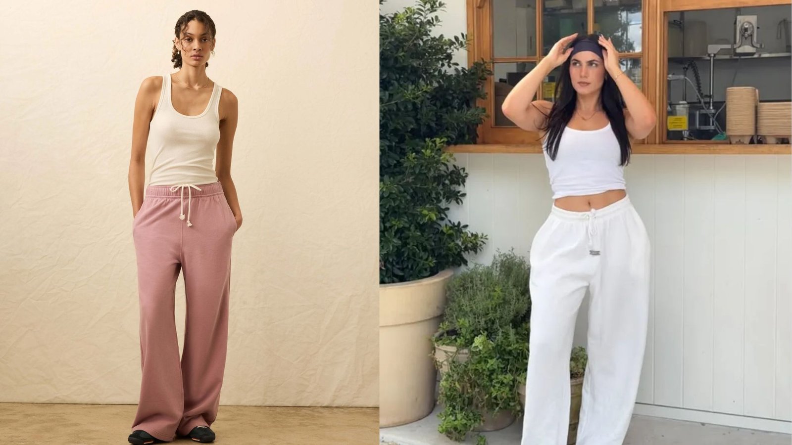 Split image featuring relaxed tank top and sweatpant sets for moms at home. One woman in dusty pink sweats, the other in white sweats, both with ribbed tanks. 
