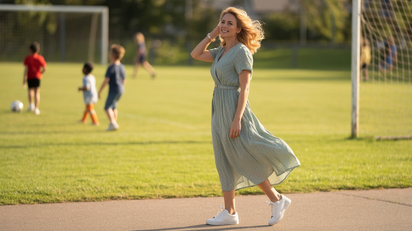 A woman in a green maxi dress and sneakers walks confidently on a soccer field, showcasing a sporty, casual style.