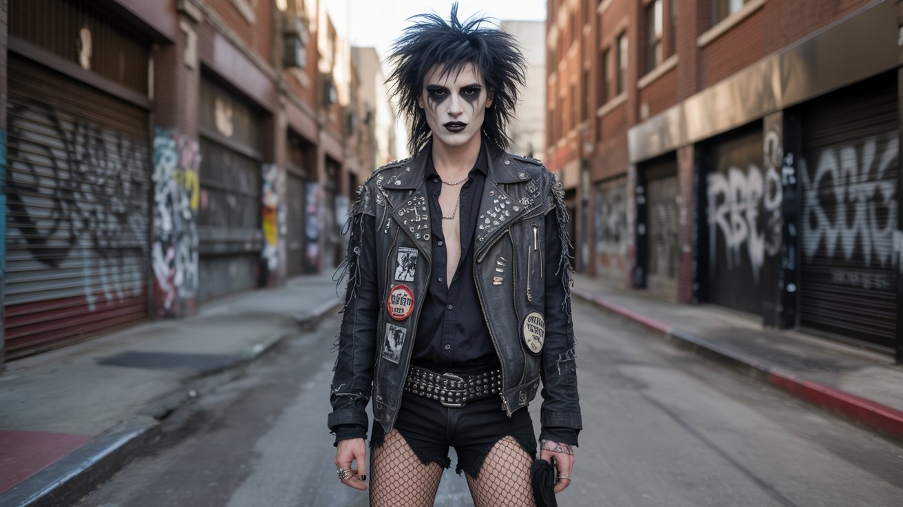 A man with bold makeup and a punk style stands in an alley, showcasing the rebellious essence of deathrock fashion.
