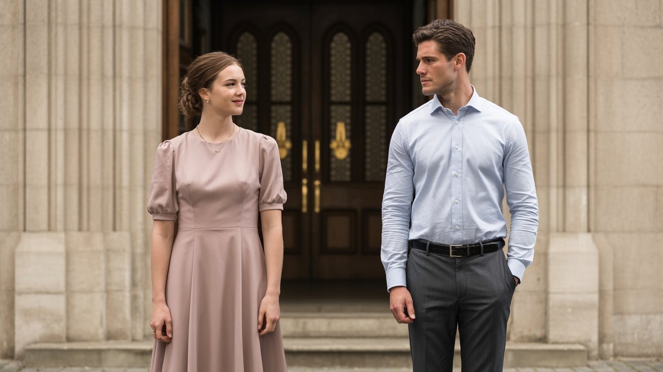 Man and woman wearing modest formal outfits outside a Catholic church