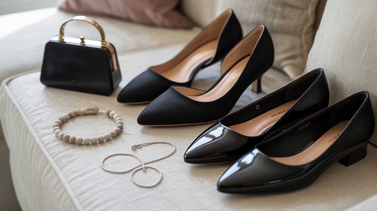 Simple shoes and minimal accessories suitable for funeral

