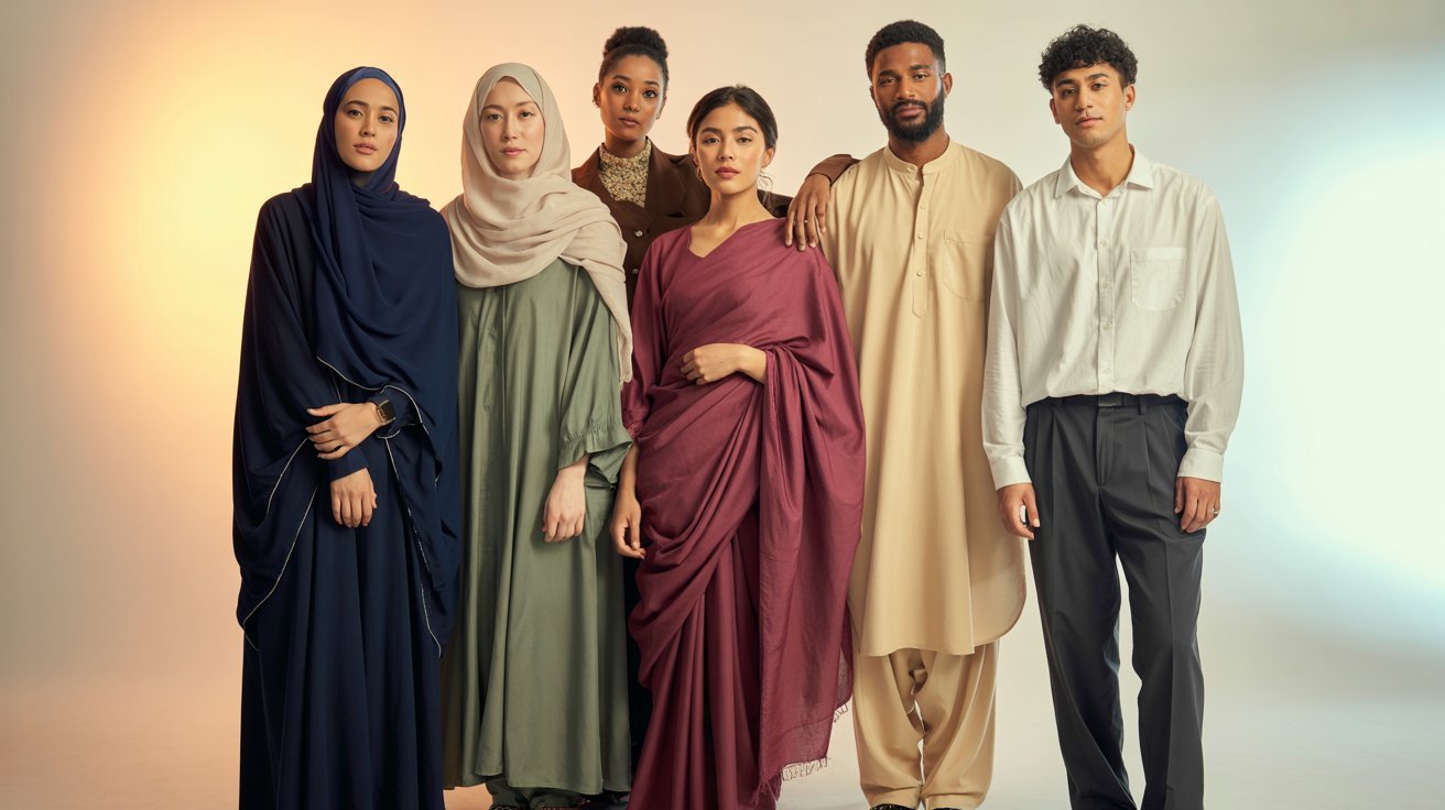 A diverse group of six people stand together against a soft gradient background. They wear cultural and modern attire, conveying unity and confidence.
