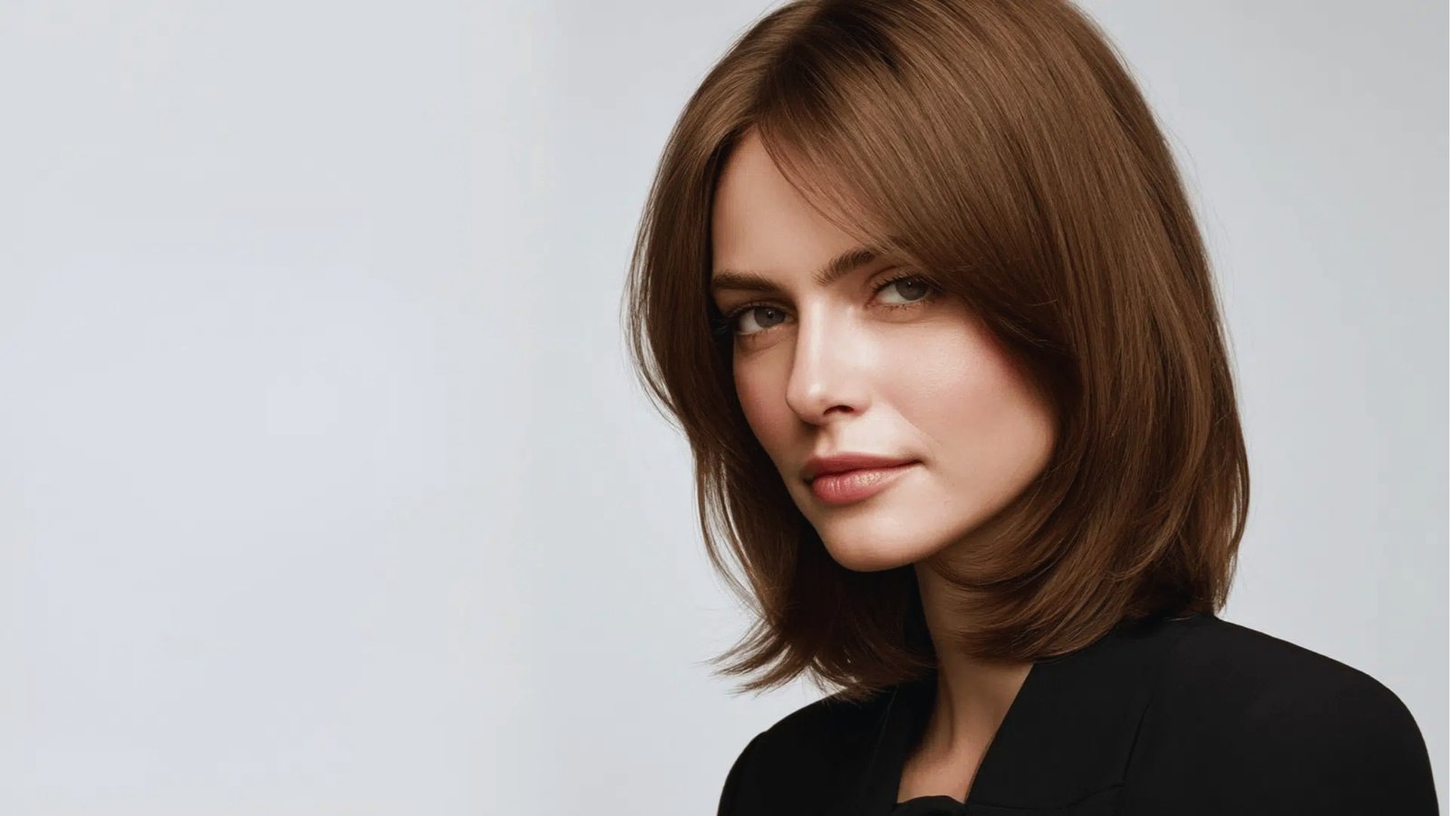 Layered shoulder length haircut with side-swept bangs and soft face-framing on smooth auburn brown hair