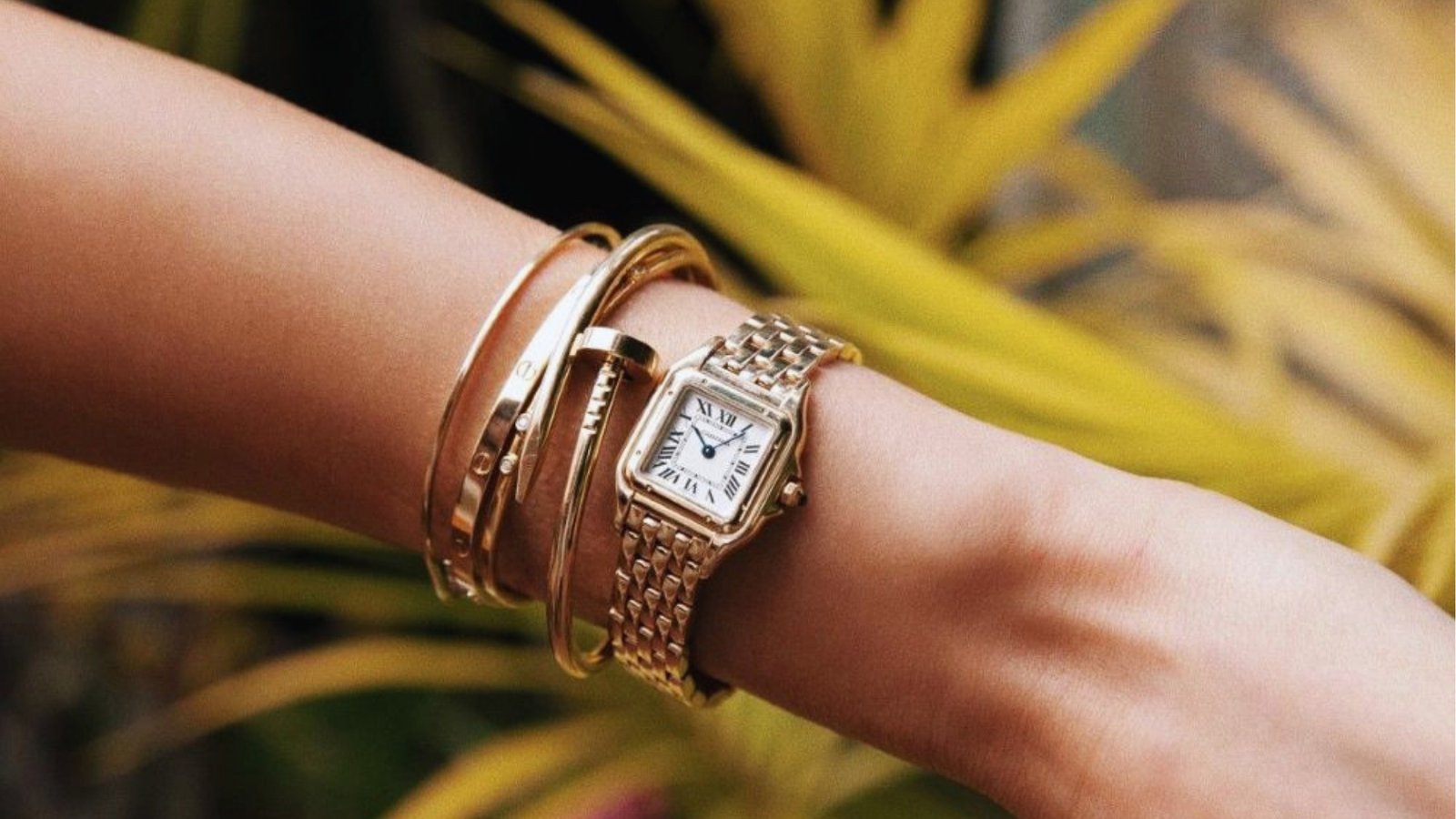 A wrist adorned with a gold watch and bangles against a blurred leafy background. The watch's Roman numerals add an elegant, classic touch.
