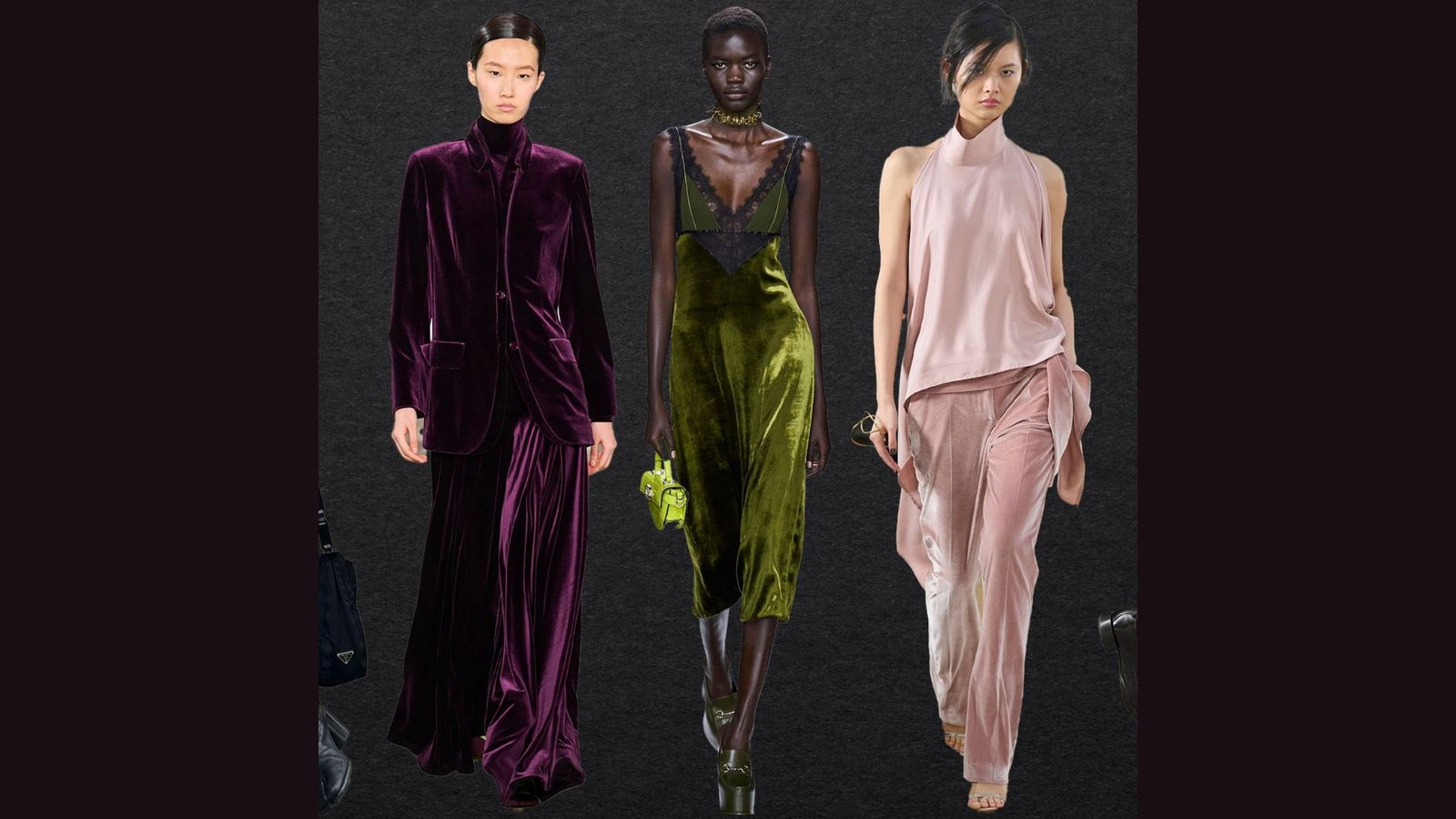 Three models showcase elegant outfits against a dark background: a deep purple velvet suit, a green velvet dress, and a soft pink satin ensemble.