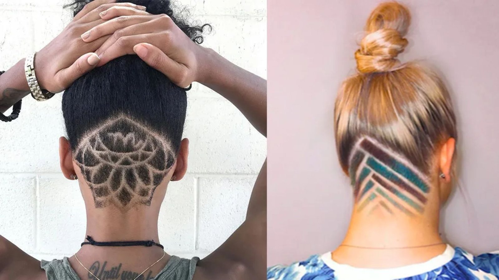 Split image showing two women with intricate nape undercut designs and topknots. The left features a mandala pattern on dark hair, the right shows colorful chevrons on blonde hair.