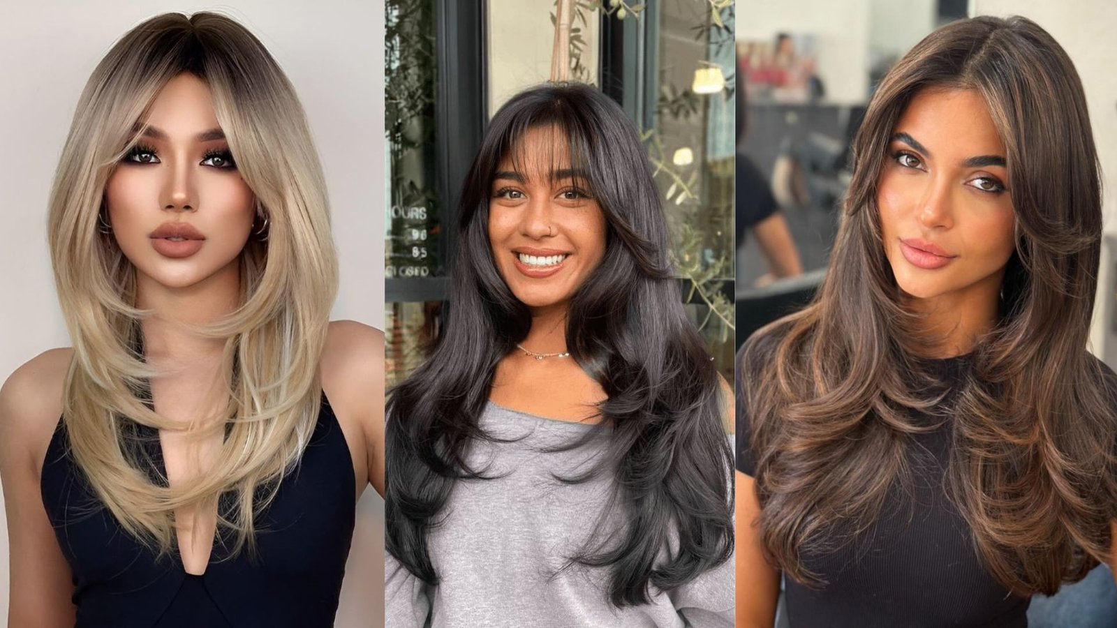 Collage of three women showing long curtain bangs on layered hairstyles.
Left has blonde center-parted bangs, center has wispy bangs on dark waves, right has voluminous bangs blending into face-framing layers.