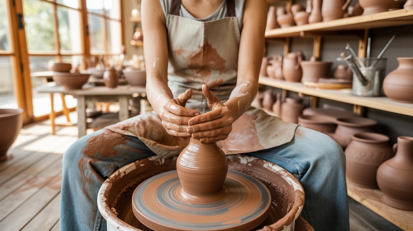 A potter shaping clay on a spinning wheel in a sunlit workshop. Shelves in the background display various pottery pieces, conveying focus and creativity.