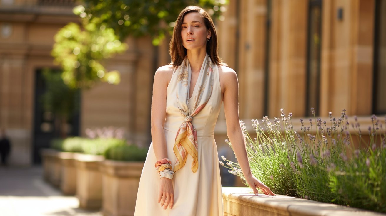 A woman in a light dress and scarf stands outdoors near a sunlit stone railing with lavender plants, exuding a serene and elegant vibe.