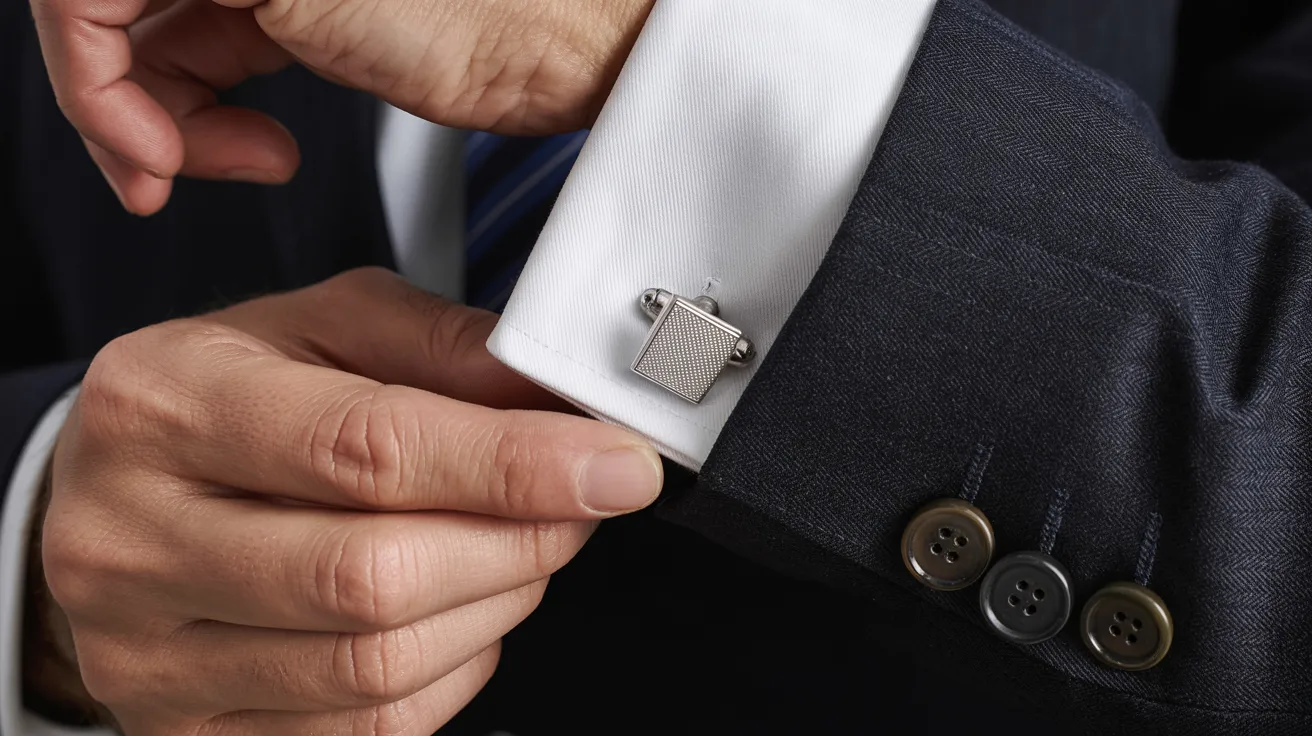  Macro shot of cufflink being inserted through aligned French cuff holes, fabric layers stacked precisely with fine detail
