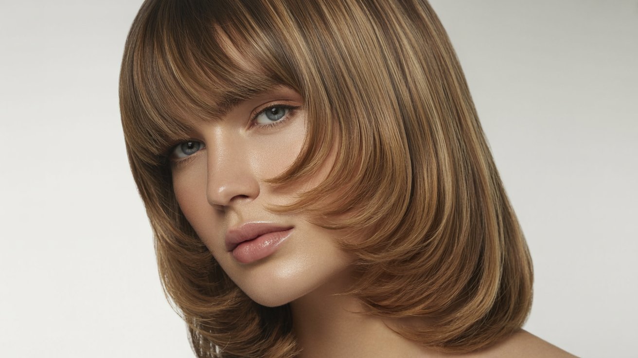 A woman with a long, straight bob haircut featuring soft step layers and curtain bang