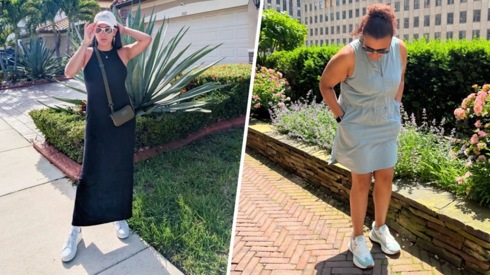 Split image of two women in comfortable summer dresses with sneakers for everyday mom life. Left wears a black maxi dress, right wears a light blue zip-front dress with pockets. 

