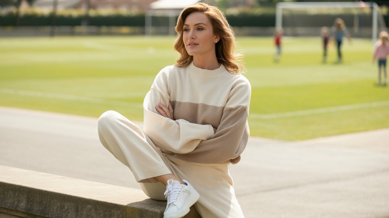 A woman wearing a neutral knit set and comfortable flats sits on a wall, exemplifying a stylish and versatile look.