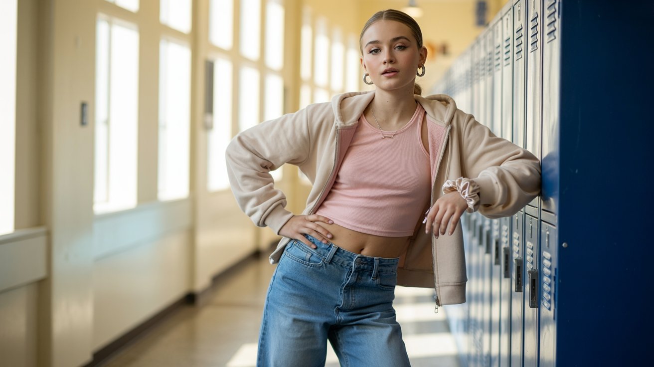 A woman in jeans and a pink top leans against a locker, smiling and looking relaxed in a school hallway.
