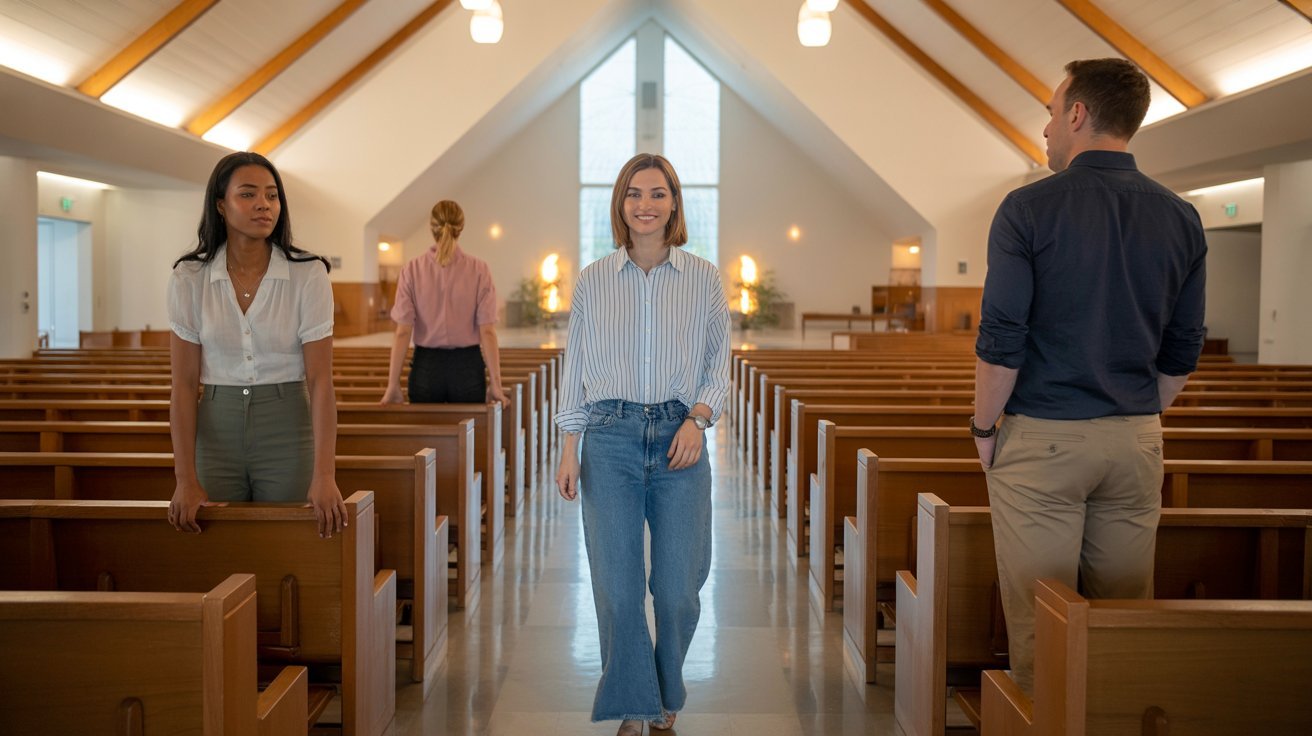 People dressed in smart casual outfits inside a modern church