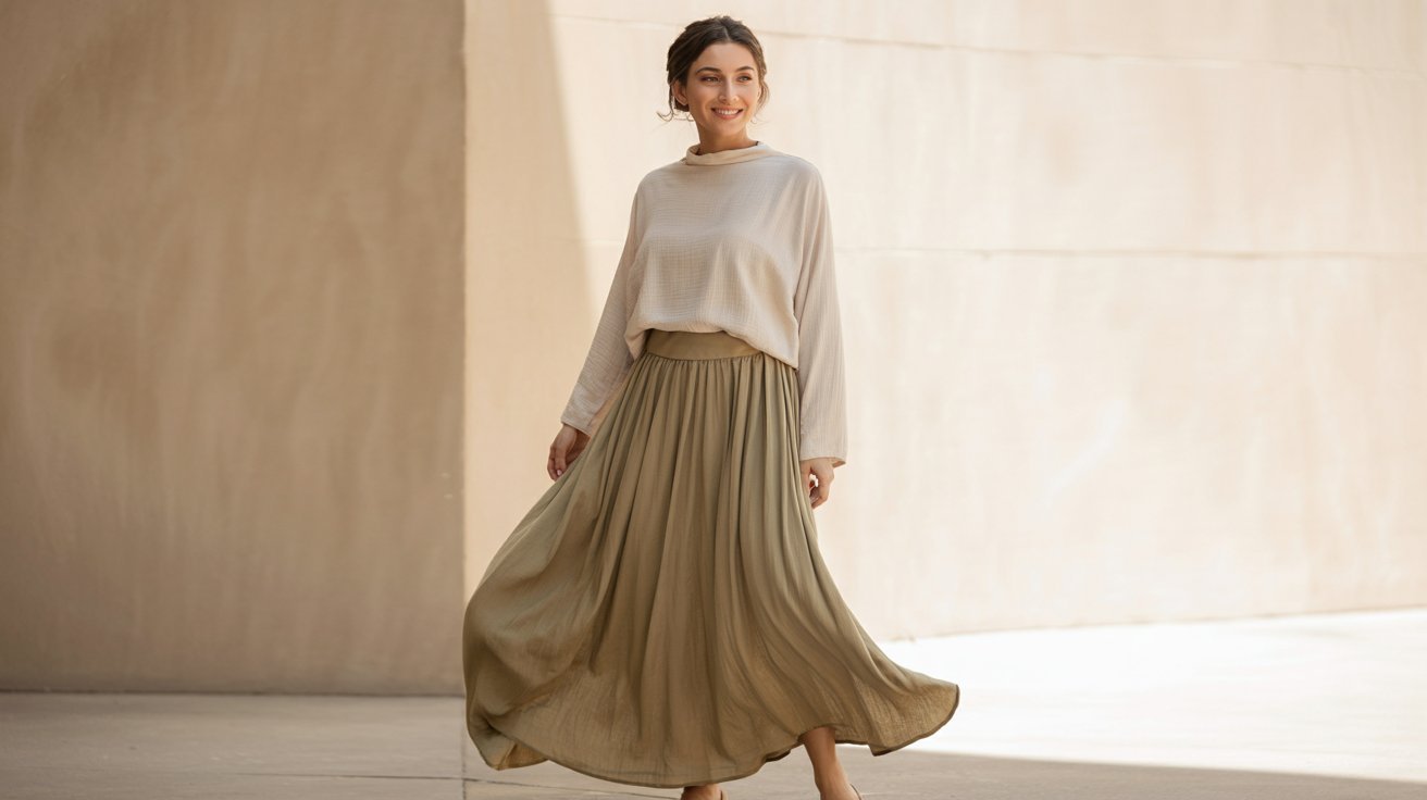 Woman smiling, wearing a cream sweater and flowing olive skirt, stands against a minimalist beige wall, conveying elegance and contentment.