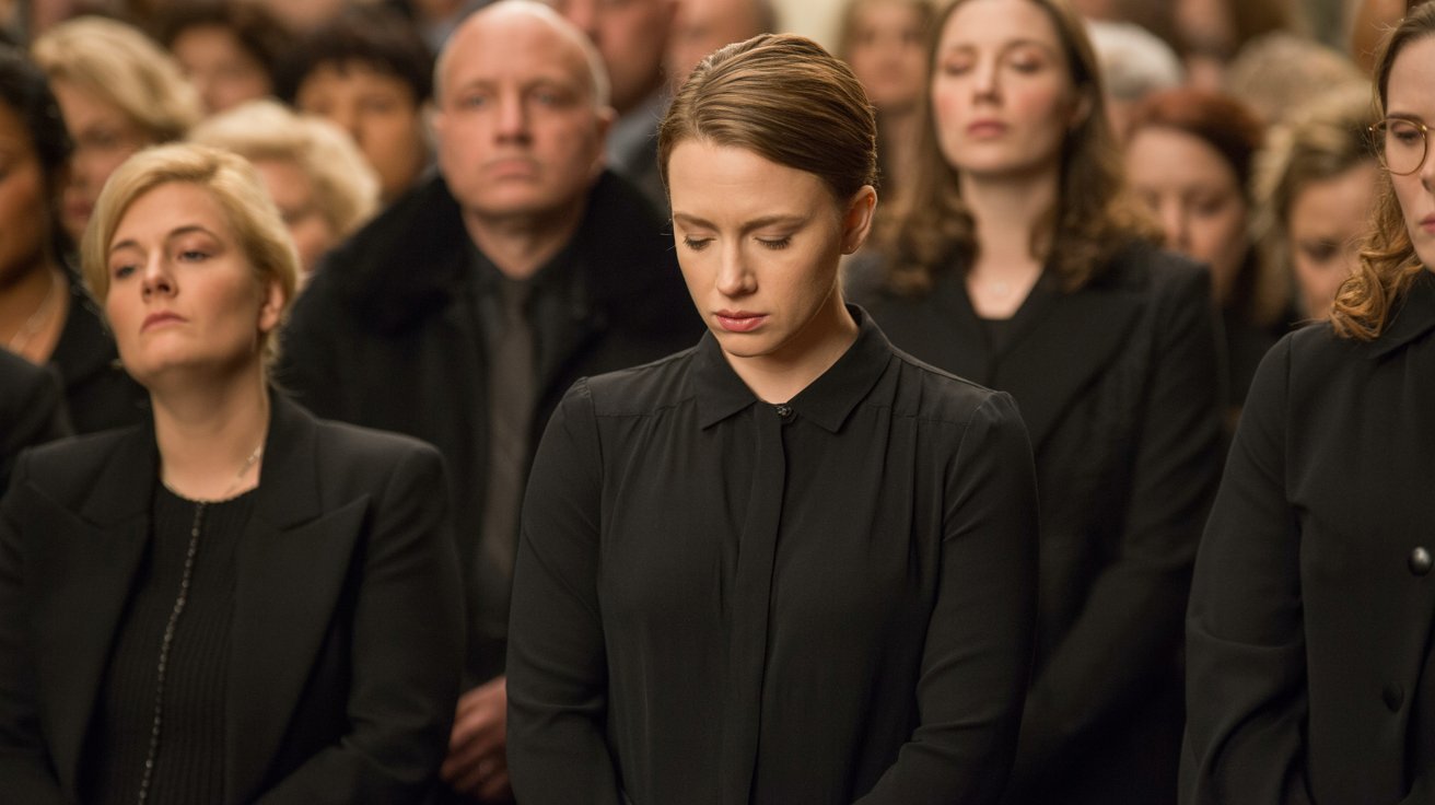 Person dressed in black showing respect at a funeral service
