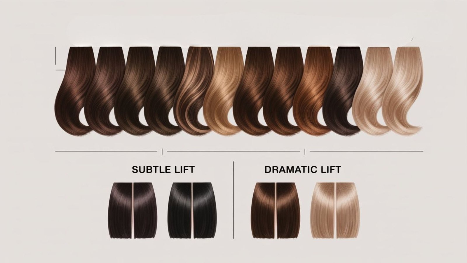 Hair lift comparison showing subtle balayage vs stronger foilyage lightening