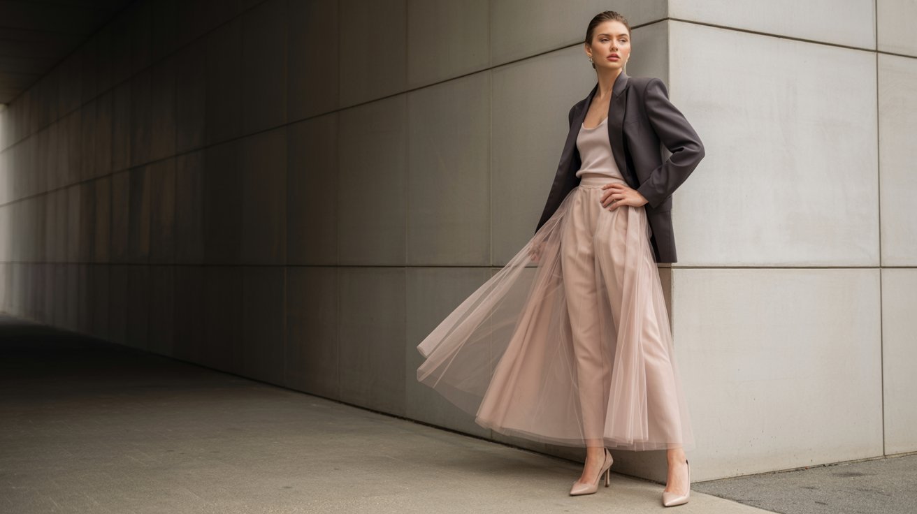 Woman in a modern hallway leans against a light-colored wall. She wears a stylish outfit with a black blazer, sheer beige skirt, and matching heels.