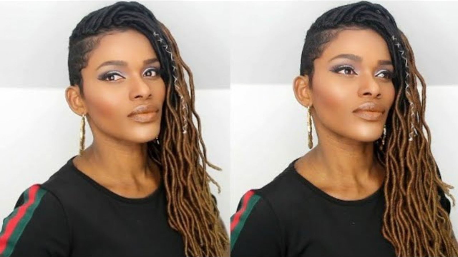 Split image of a woman with long ombre faux locs and a shaved side undercut.
The locs are swept over to one side to showcase the buzzed temple and statement earrings.