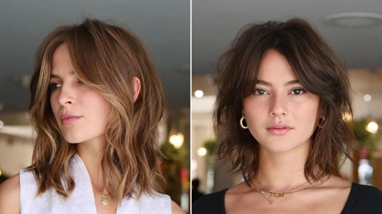 Split image showing two women with shoulder-length wavy hair. Left has soft curtain bangs framing the face, right has shaggy bangs with textured layers.