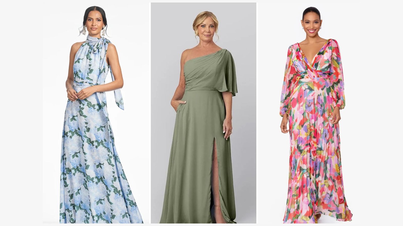 Three elegant mom outfit ideas with floor-length dresses: a blue and white floral halter gown, a sage green one-shoulder dress with thigh slit, and a vibrant multicolor pleated maxi dress.