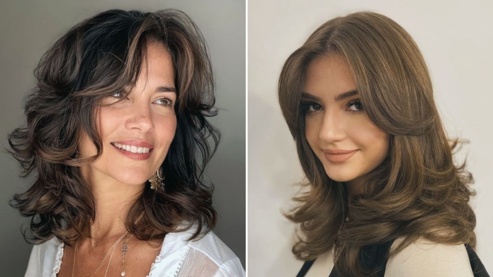 Two images of a woman: one with long hair and another showcasing a mid-length butterfly cut hairstyle.

